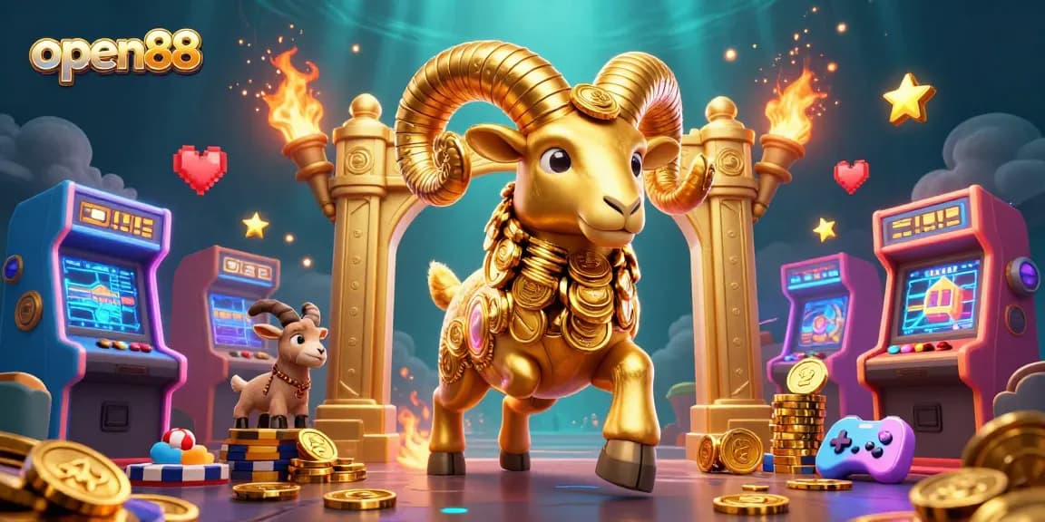 Experience thrilling wins on open88, featuring a golden ram charging through an arcade-like casino.