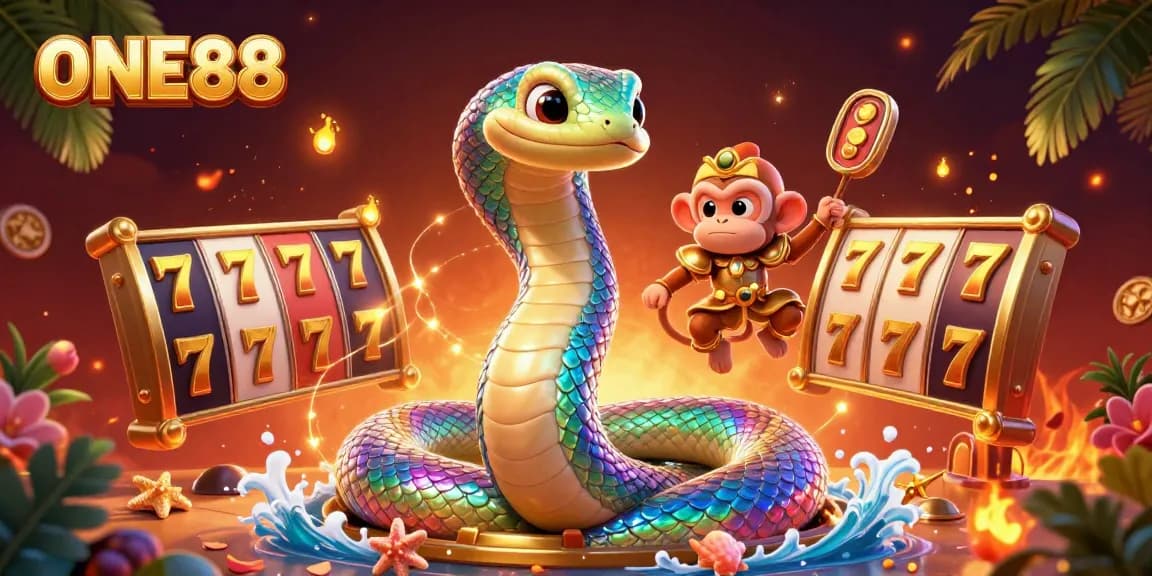 Experience the vibrant excitement of ONE88's online casino with colorful slot reels and festive elements.