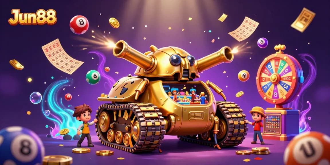 Engage with Jun88's vibrant casino scene featuring golden tanks and dynamic gaming elements.