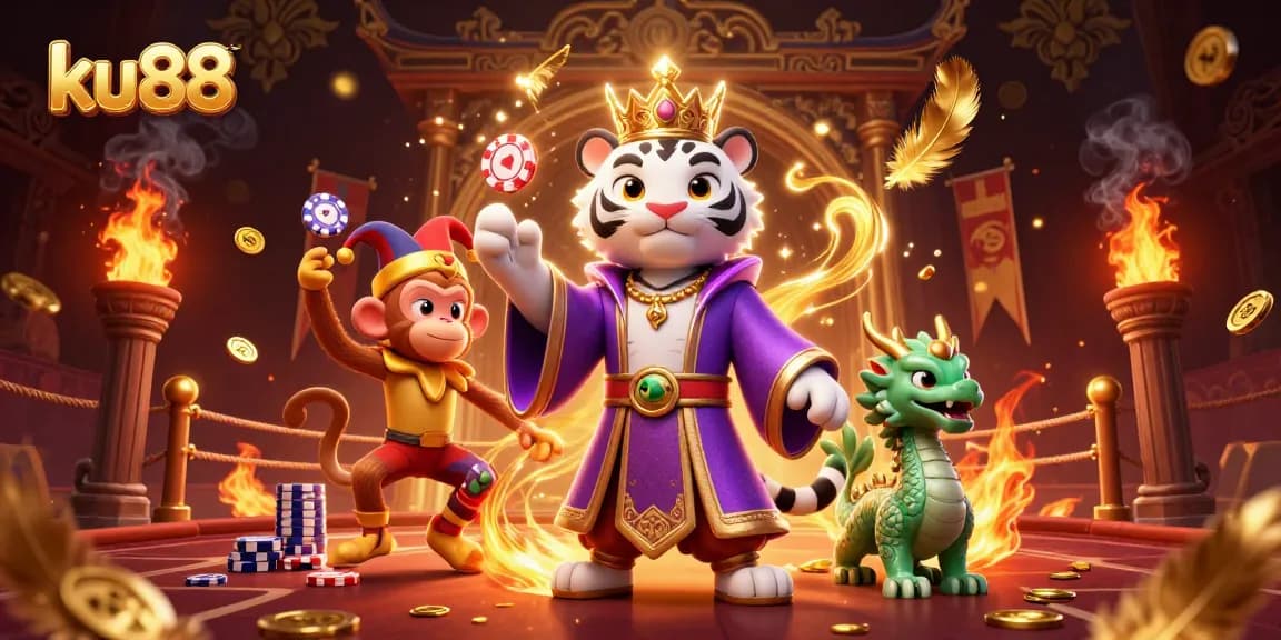 ku88 showcases a vibrant casino scene with a royal tiger, juggling monkey, and animated dragon.