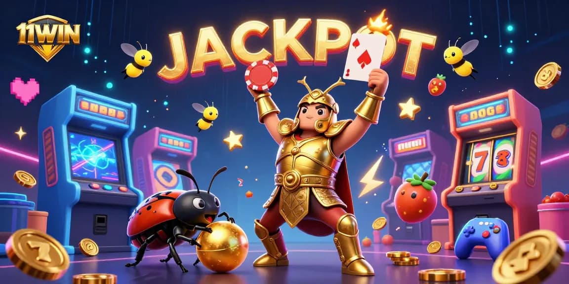 11WIN casino scene showcasing a heroic beetle lifting a poker chip, celebrating a jackpot.