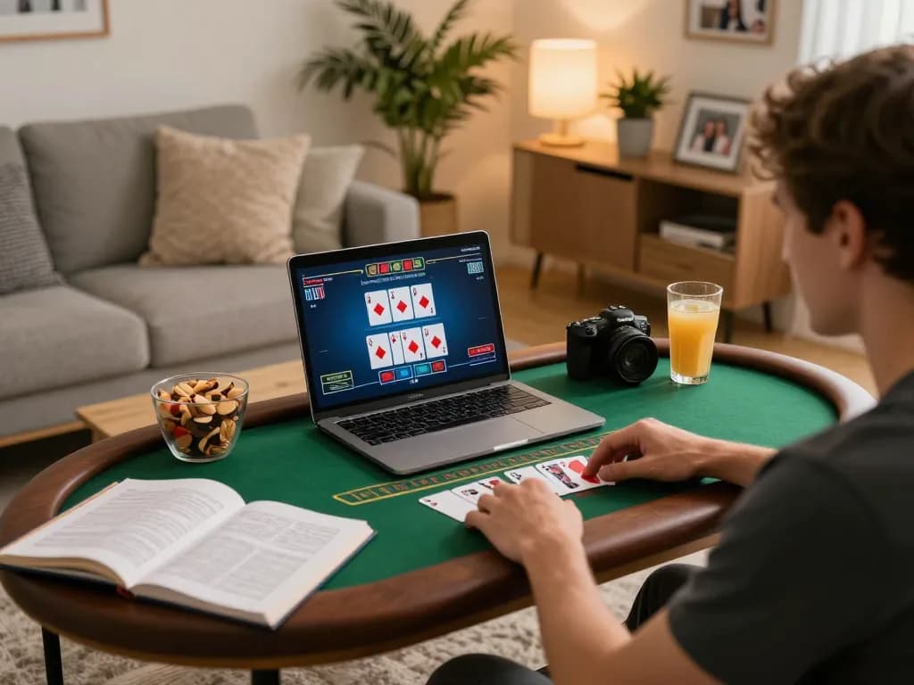 Player enjoying rikvip blackjack online in cozy home setup, with strategy notes and snacks