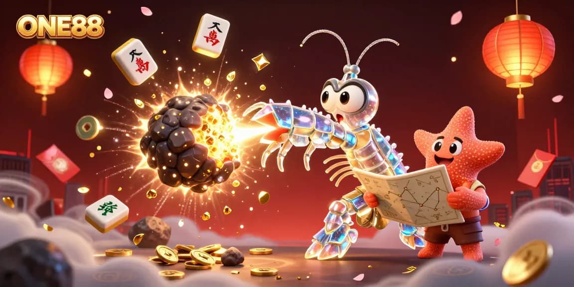 Experience premium gaming with ONE88 through a 3D illustration of a mantis shrimp navigating a vibrant casino scene.