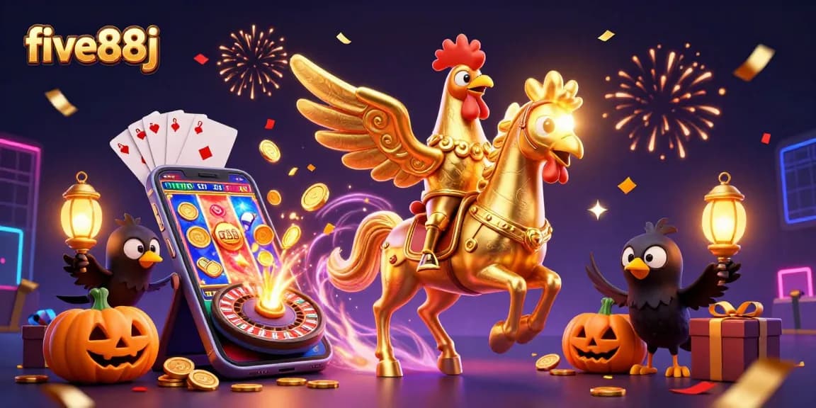 five88j showcases a golden rooster in a vibrant casino scene with dynamic slot game action.
