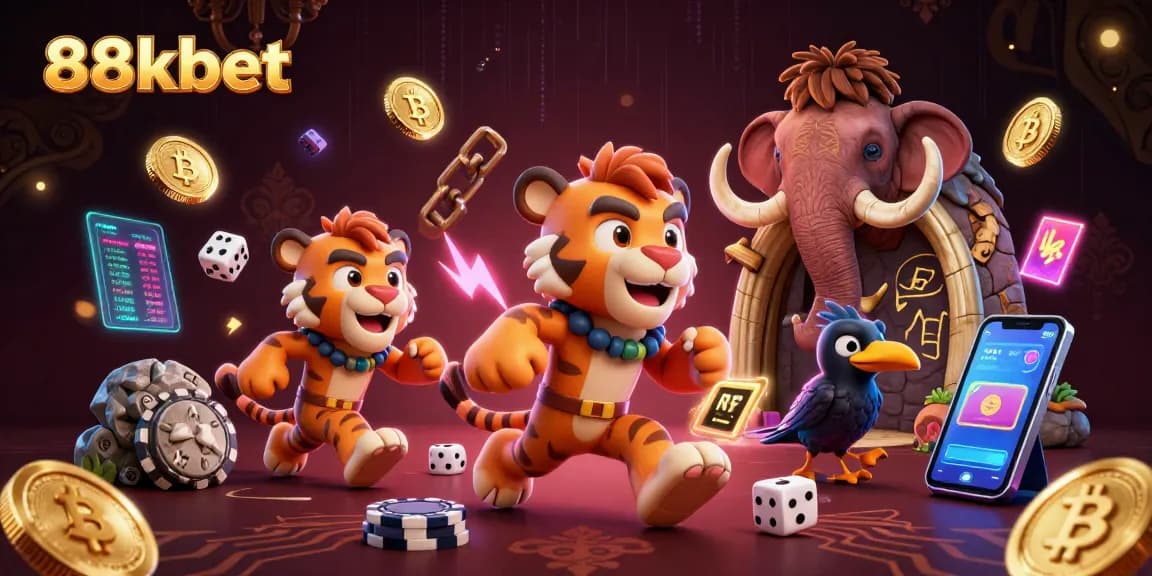 Experience the excitement of 88kbet as a caveman and sabertooth tiger run a prehistoric casino with neon crypto elements.