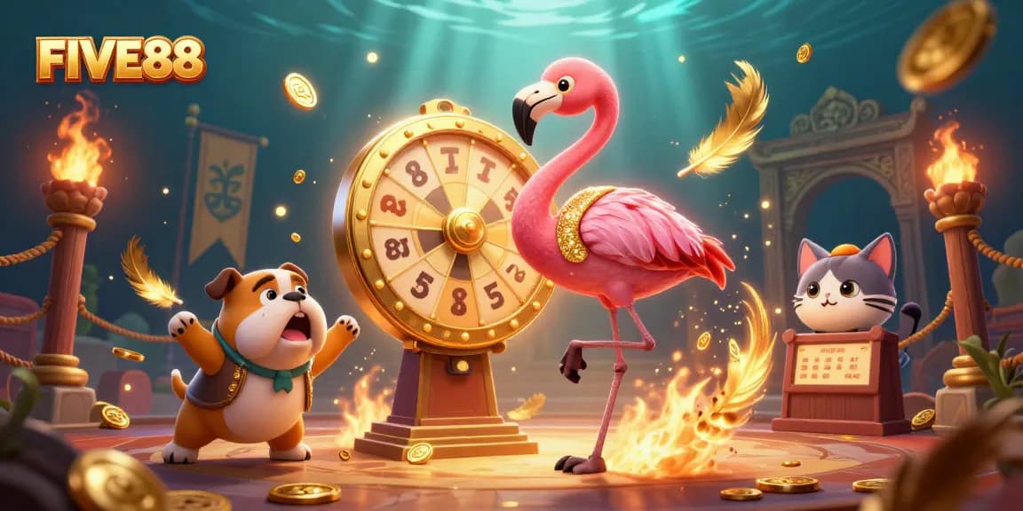 Engaging scene with FIVE88 character elements promoting excitement in a vibrant casino atmosphere.