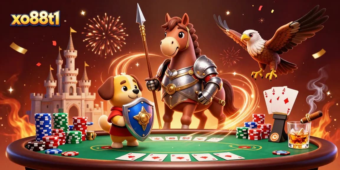 Experience thrilling gameplay at xo88t1 with a vibrant casino illustration featuring medieval characters and dynamic poker elements.