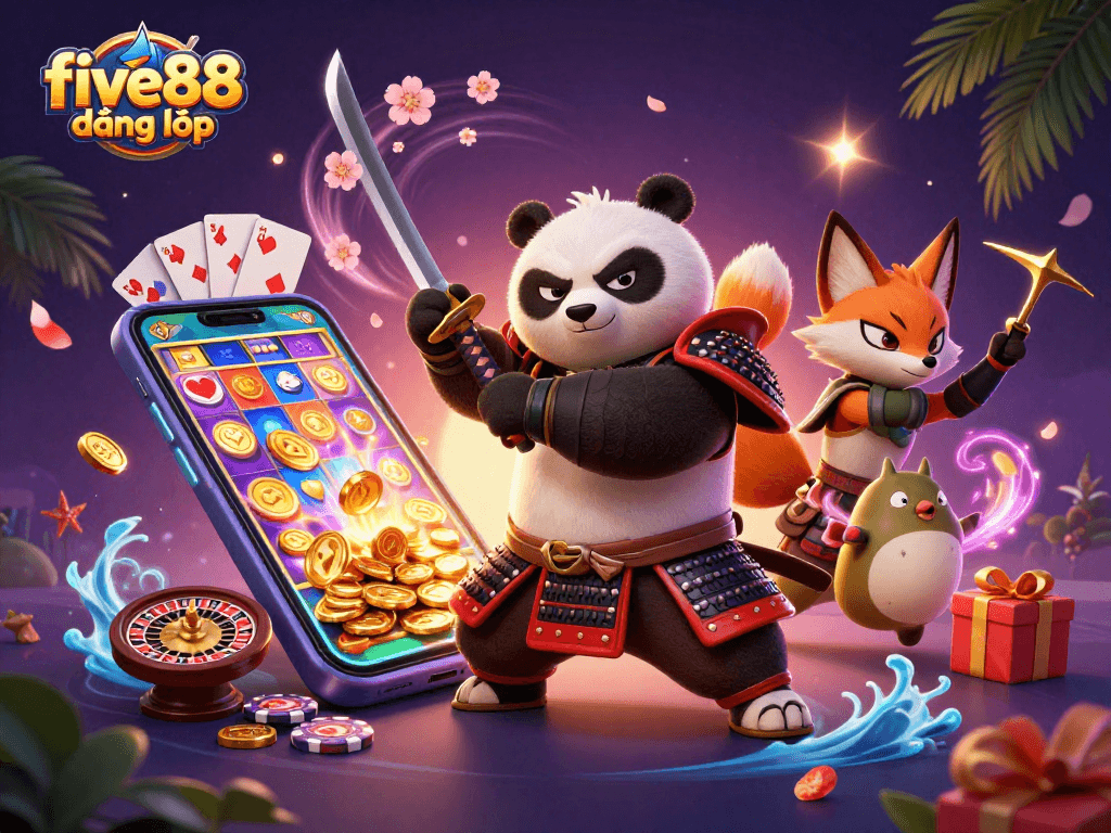 Experience five88 đăng nhập with a vibrant 3D casino-themed illustration featuring a samurai panda and slot game elements.