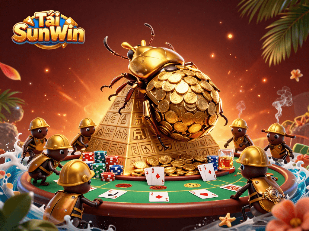 Tải SunWin casino illustration featuring golden beetles and luxurious poker elements.