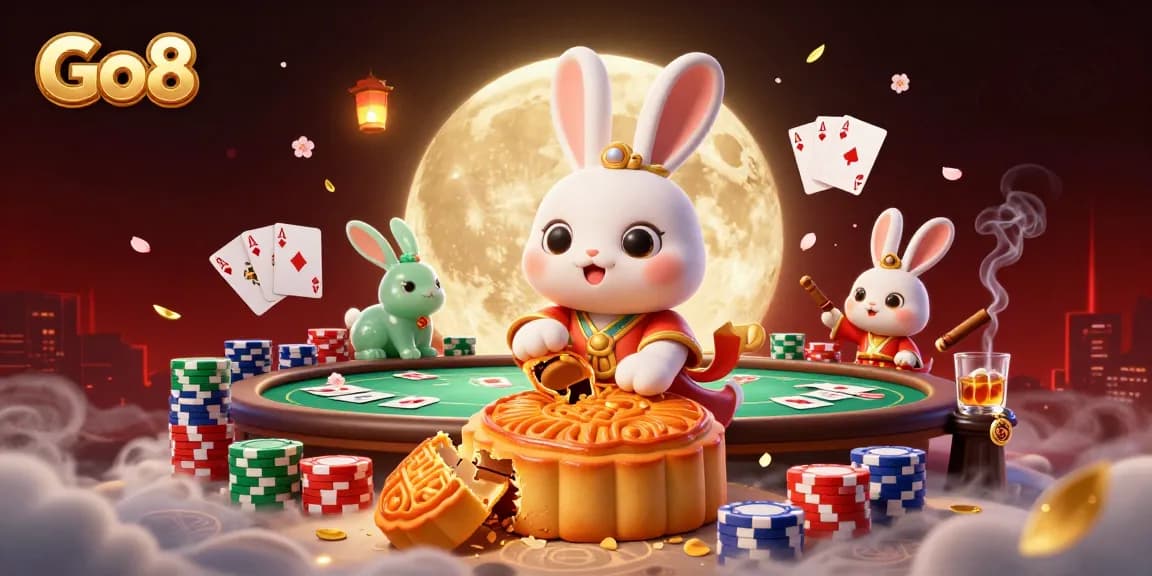 Experience thrilling moments at Go8 with a moon rabbit revealing poker chips in a vibrant casino scene.