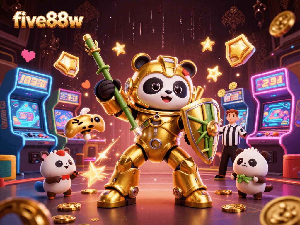 Engage with five88w's vibrant casino scene featuring a golden panda in a mech suit amidst arcade and gaming elements.