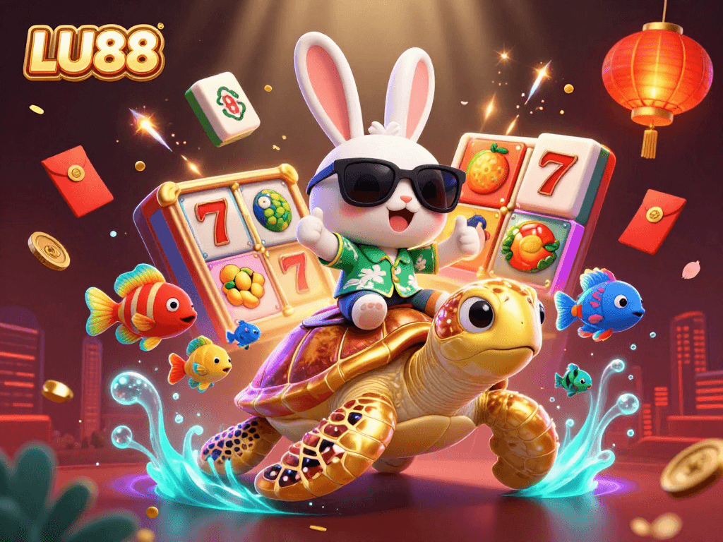 Experience thrilling gaming at LU88 with a lucky rabbit and golden turtle in an exciting slot scene.