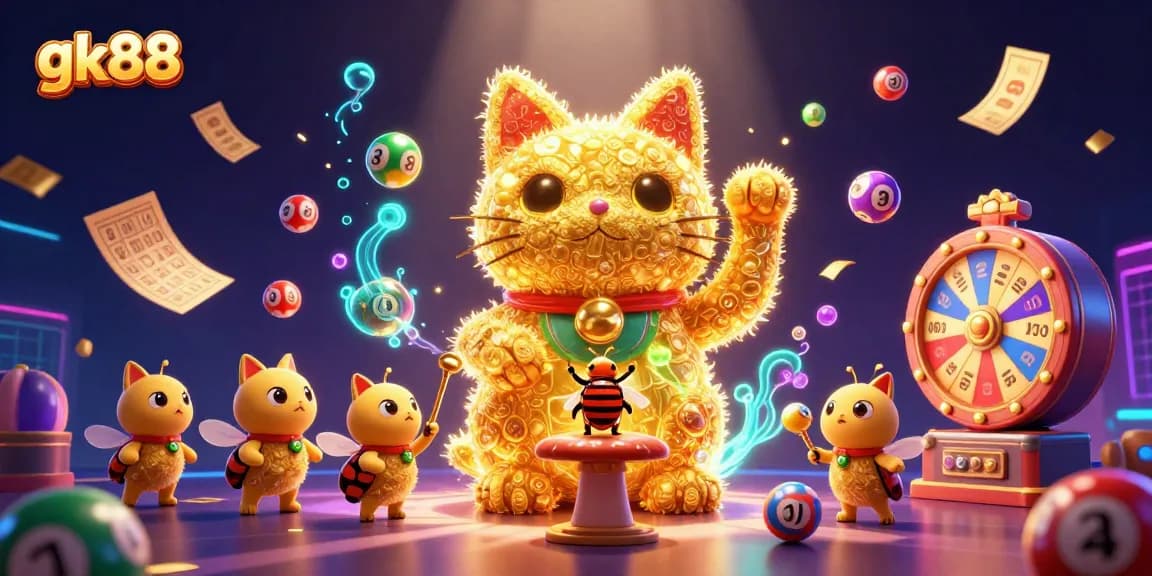 Join gk88 casino adventure with lucky cat and vibrant game symbols in colorful 3D illustration.