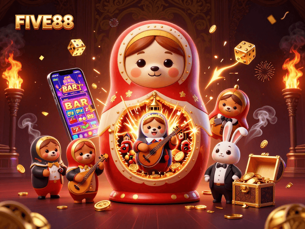 Experience the excitement of FIVE88 with a vibrant casino scene featuring animated characters and games.