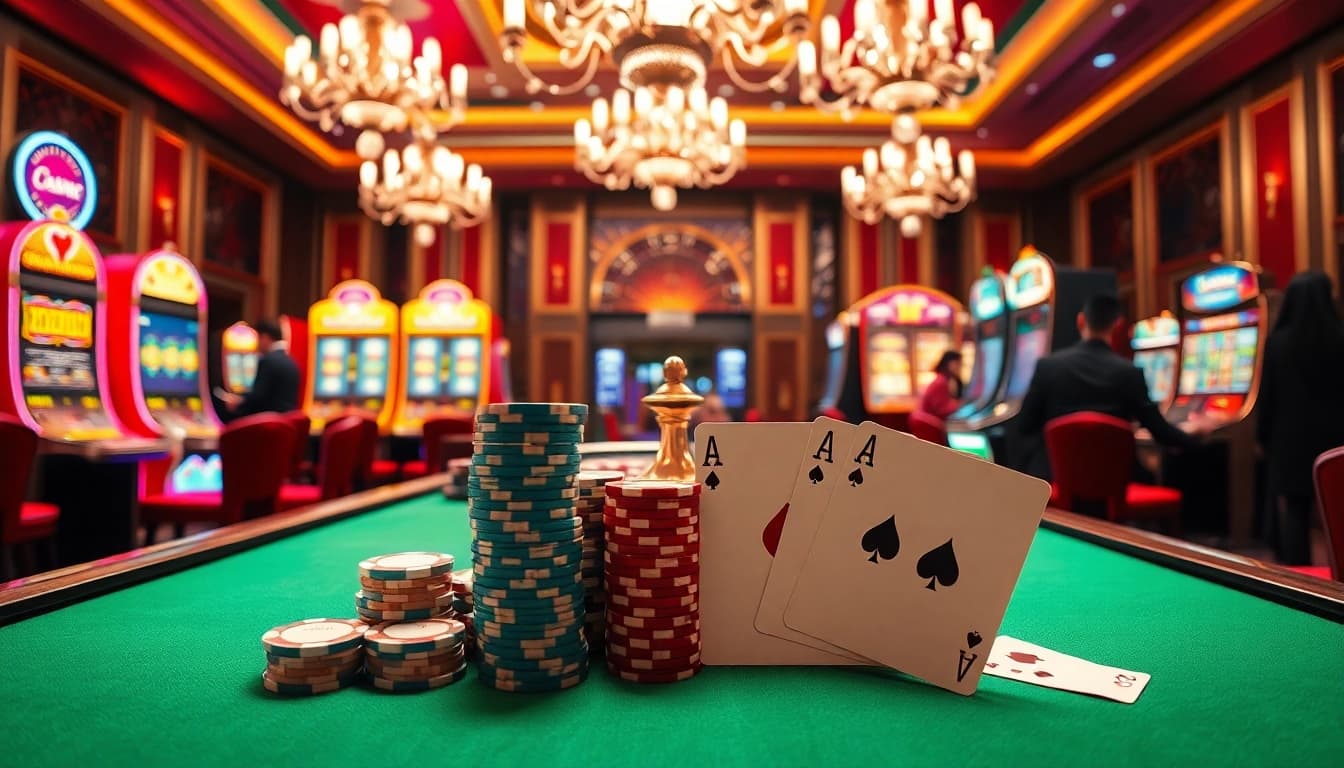 Experience high-stakes gaming at S8 top casino tables featuring poker chips and roulette wheels.