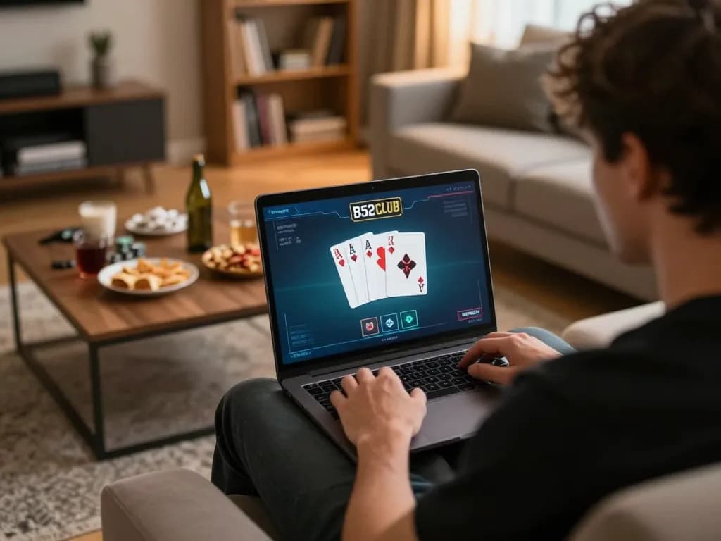 B52 CLUB online gaming session with player engaged on laptop in a cozy living room