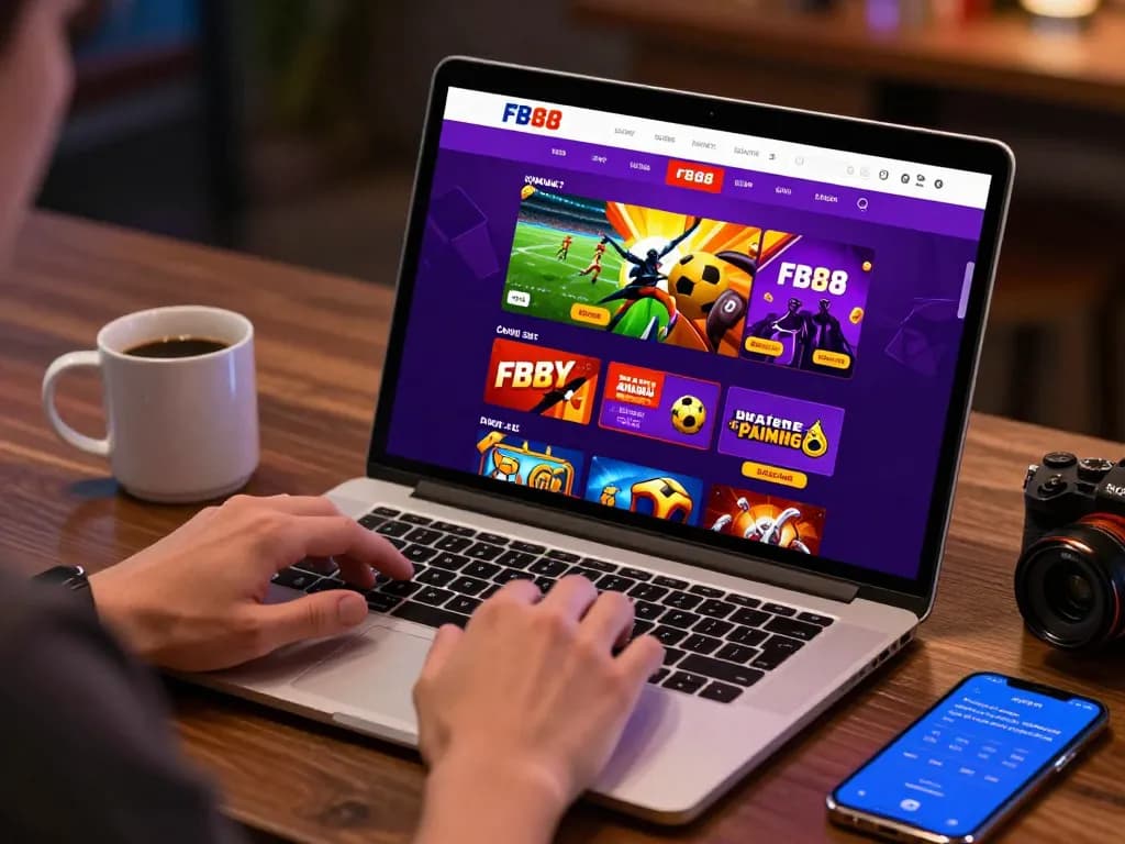 User engaging with the FB88 platform on laptop, showcasing dynamic online gambling features.