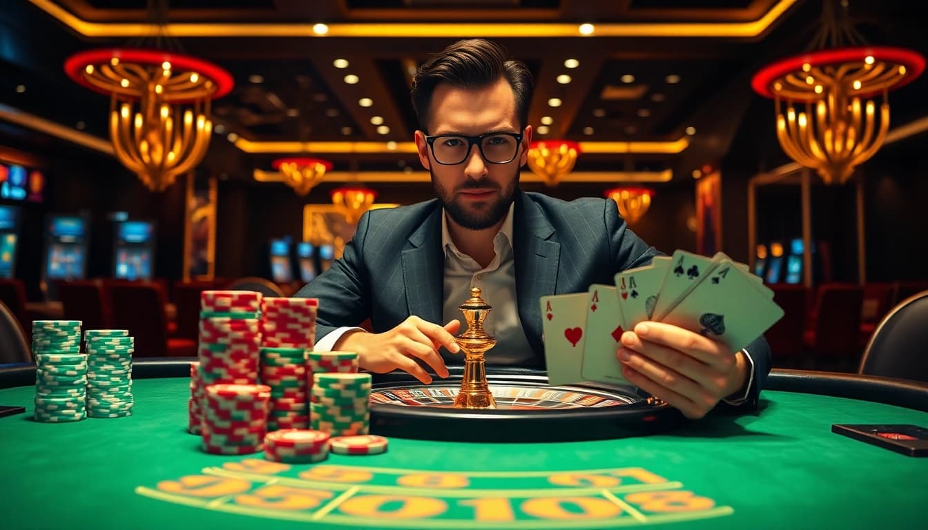 Dynamic poker table at a man club showcasing a confident gambler with poker chips and cards.