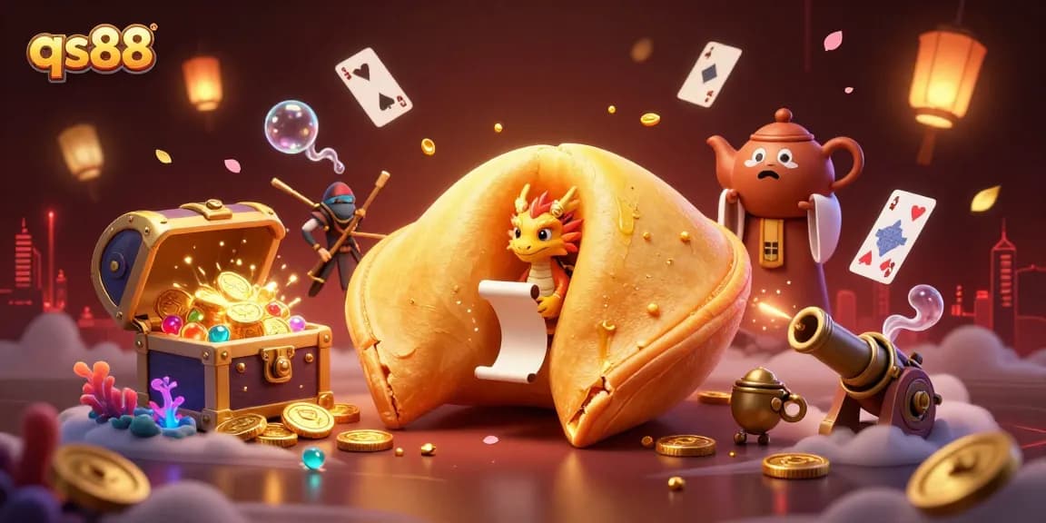 Engage with qs88's dynamic casino experience featuring a golden fortune cookie, enchanted dragon, and treasure elements.