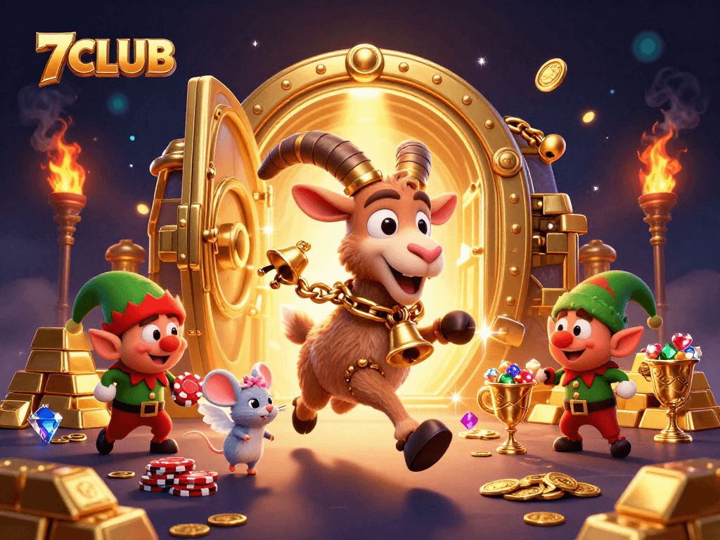 7CLUB casino scene features Krampus goat and gremlins in a festive heist full of treasures.