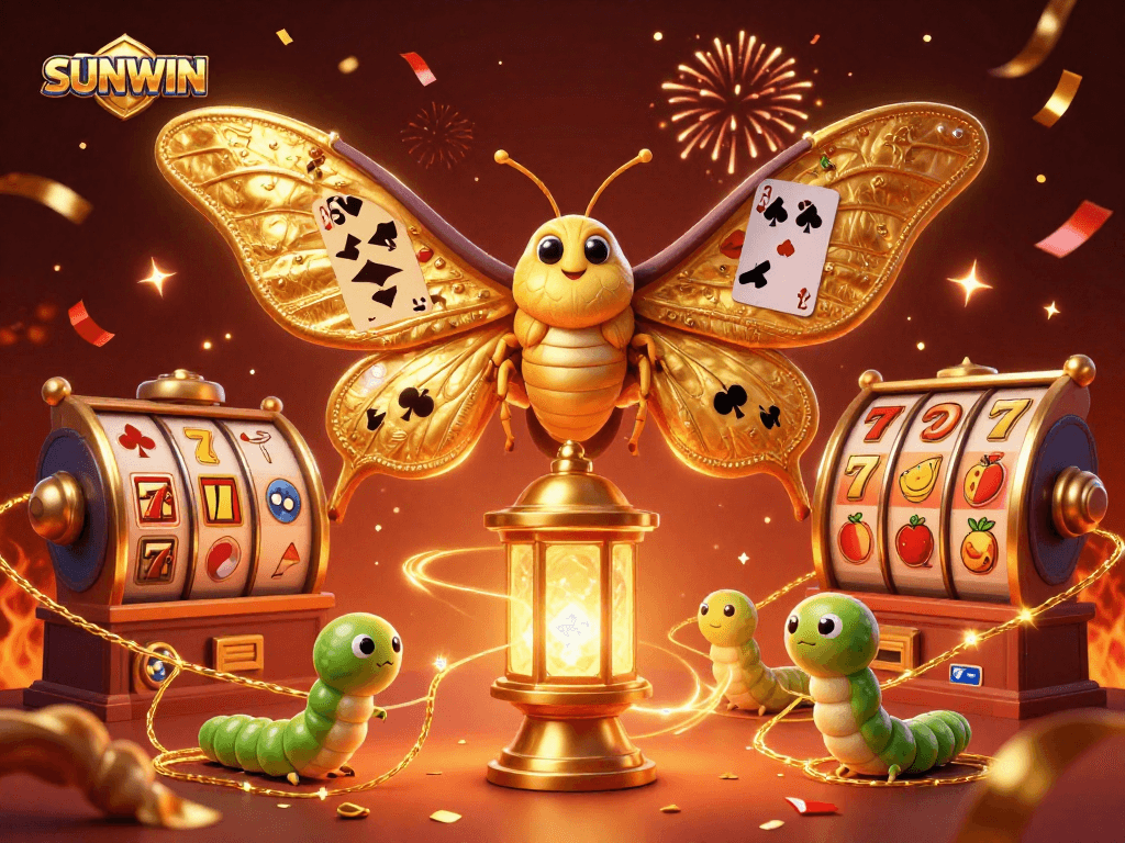 SUNWIN showcases an exciting experience with a vibrant casino atmosphere featuring golden moths and slot games.