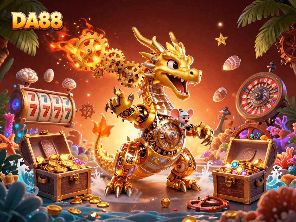 Experience winning moments at DA88 with a vibrant 3D casino scene featuring a golden dragon and slot reels.