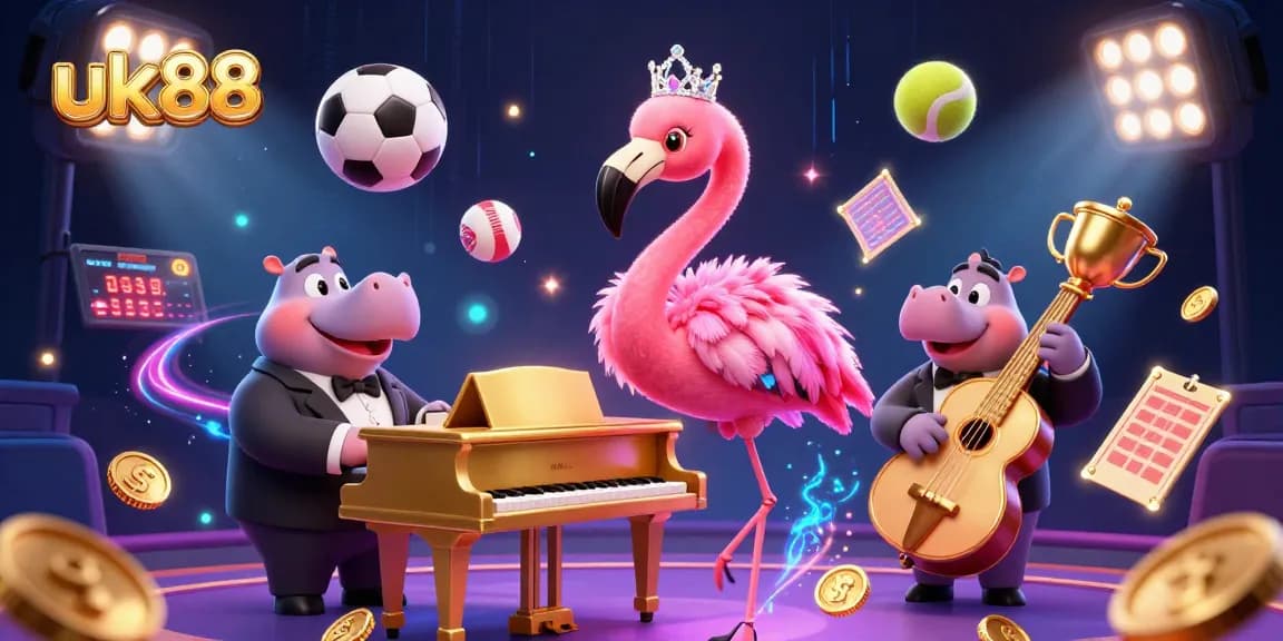 Experience thrilling action at uk88 with vibrant casino characters amidst dynamic sports elements.