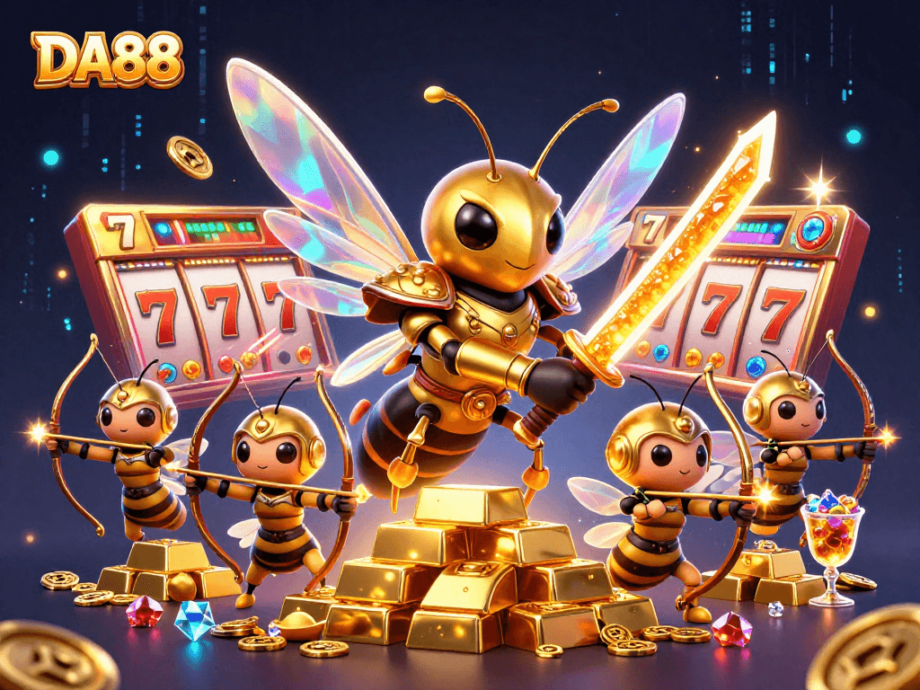 Engage with DA88's vibrant gaming scene featuring a golden hornet samurai amidst dynamic slot elements.