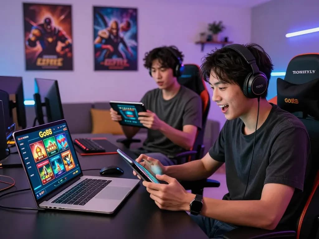 Exciting Go88 online gaming experience with players using laptops and tablets in a stylish home setting.