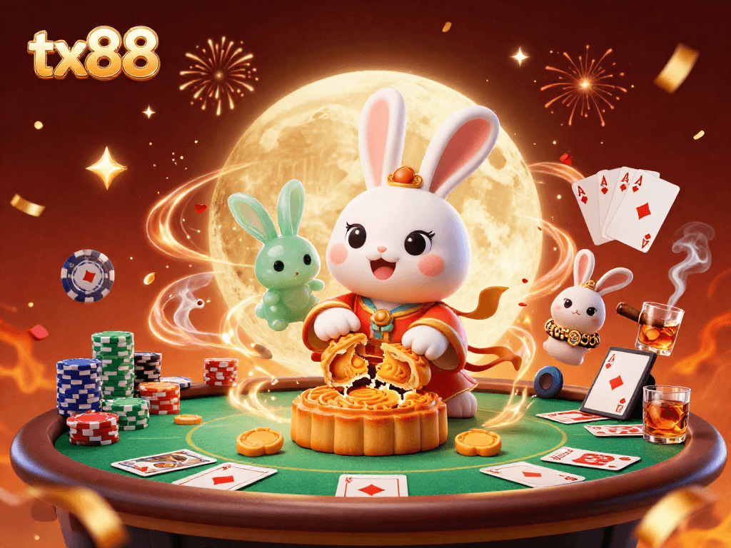 tx88 highlights exciting poker action with a moon rabbit revealing poker chips in a vibrant scene.