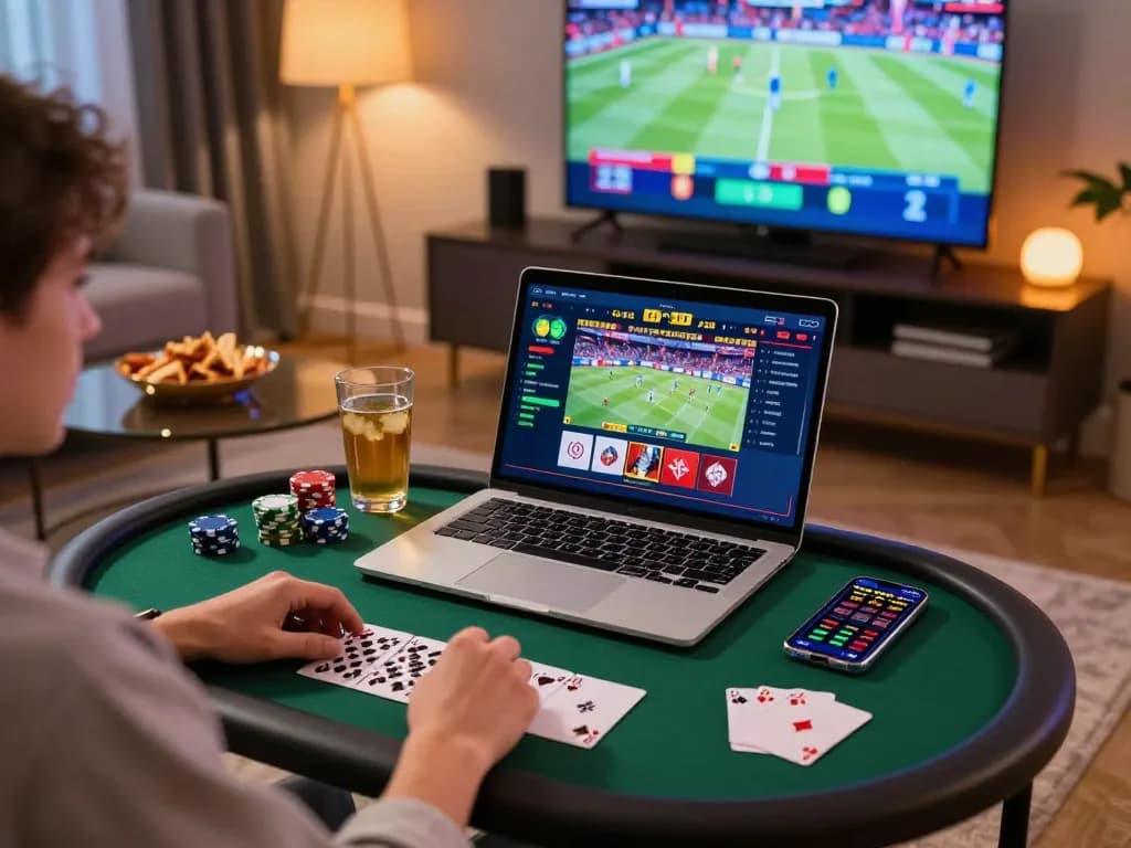 Engaging with Trang chủ Five88 online gambling platform in a cozy living room setting.