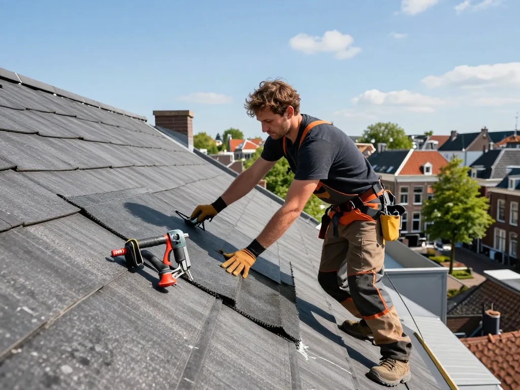 Vakkundige dakdekker Utrecht die dakbedekkingsmaterialen aanbrengt op een schuin dak