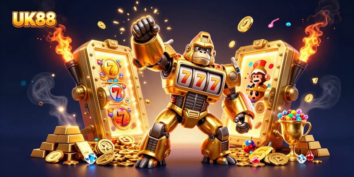 Engage with UK88's thrilling slots featuring golden mech and jewels amidst exciting casino elements.