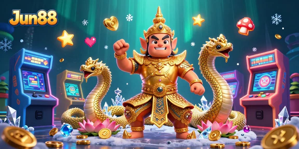 Engage in thrilling gameplay with Jun88 at a vibrant 3D digital casino featuring guardian and gaming elements.