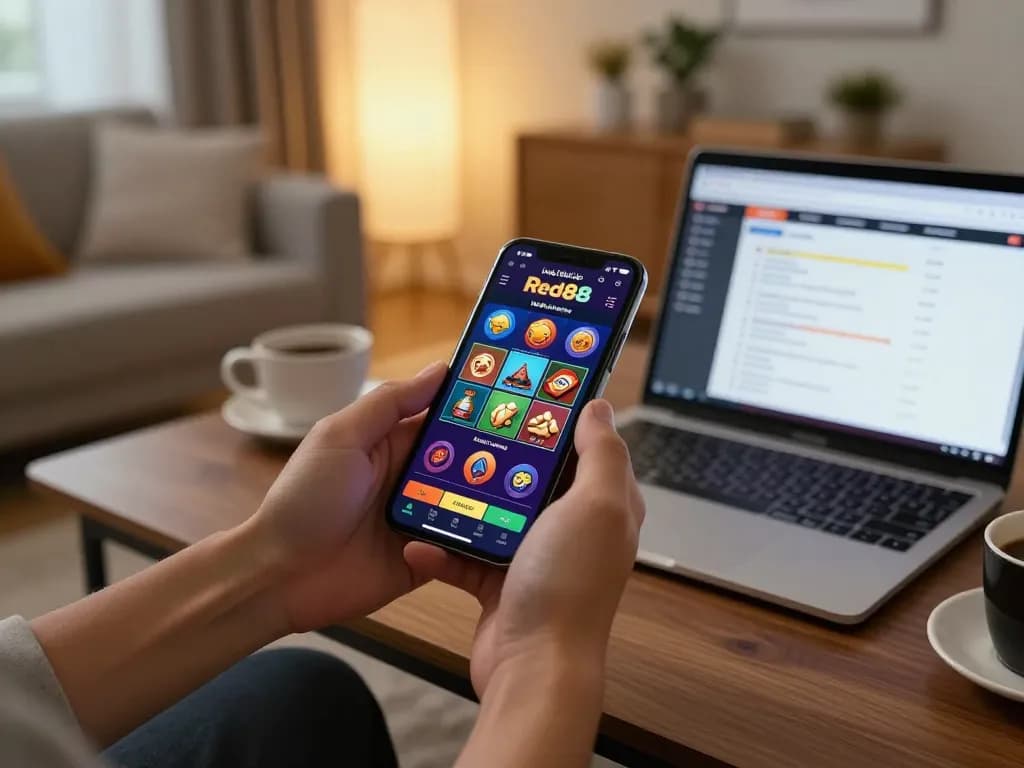 Engage with Link nhà cái Red88 on mobile, showcasing gameplay interface and a cozy gaming environment.