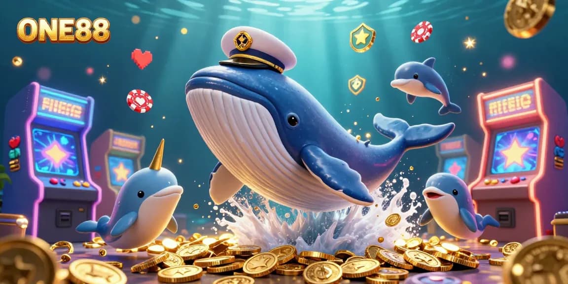 Engage with ONE88's dynamic 3D world featuring a joyful whale, narwhal, and dolphins amid vibrant casino elements.