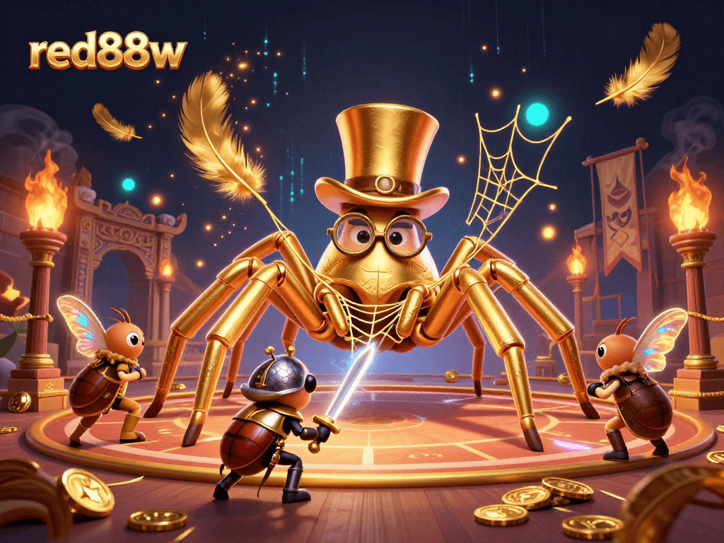 Experience excitement with red88w in a vibrant casino scene filled with intricate characters and gambling elements.