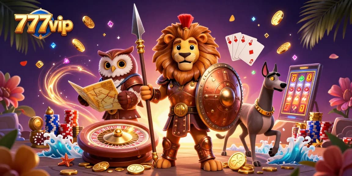 Experience thrilling gameplay with 777vip in this vibrant casino illustration featuring dynamic characters and classic gaming elements.