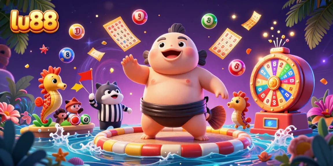 Experience thrilling lottery fun with lu88's lively 3D scene featuring colorful balls and festive characters.