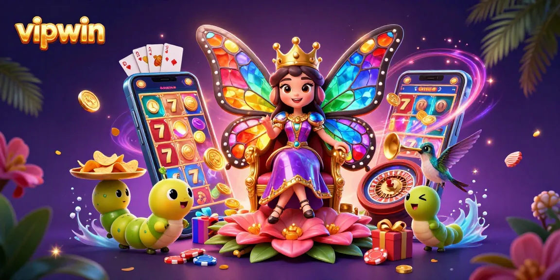 Win big with vipwin in this vibrant, animated casino scene showcasing slots and lottery elements.