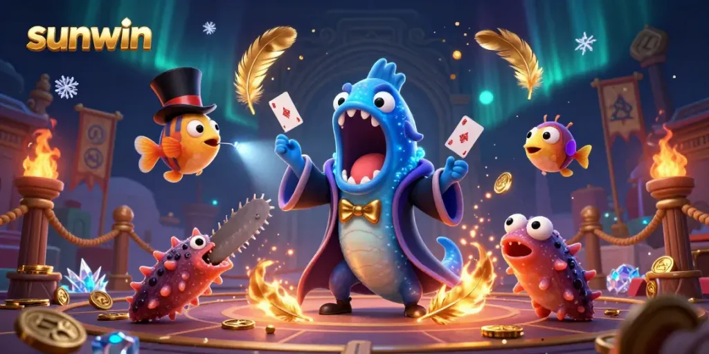 Experience the magic of sunwin with a 3D deep-sea scene featuring unique characters and vibrant casino elements.