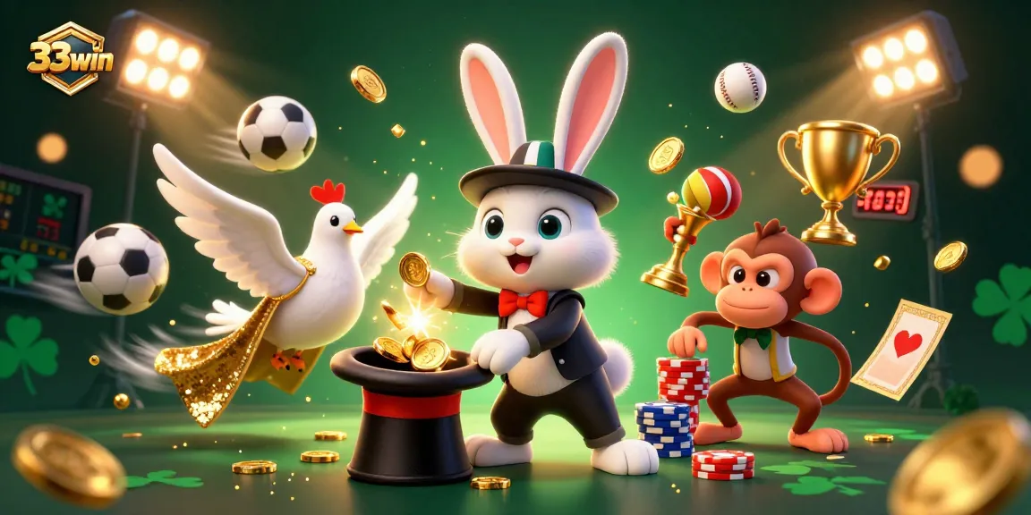 Engage in thrilling gameplay with the 33win rabbit magician showcasing coins and poker chips.