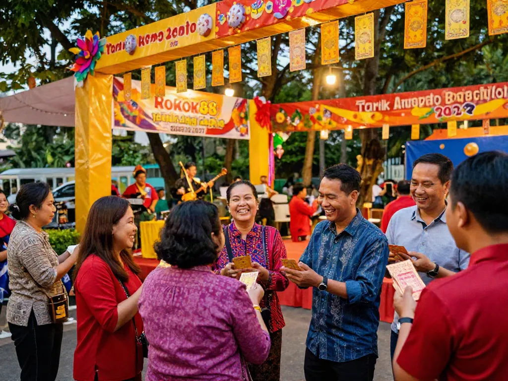 ROKOK88 RTP event attendees enjoying the Tarik Angpao Bagi Rejeki 2027 festivities with vibrant decorations.