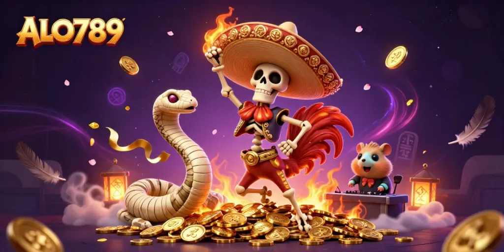 Join the excitement of ALO789 as a skeleton mariachi rooster celebrates victory surrounded by gaming elements.