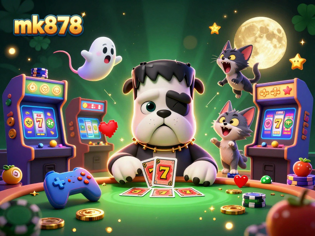 The mk878-themed casino scene features a Frankenstein bulldog and a werewolf kitten playing cards.