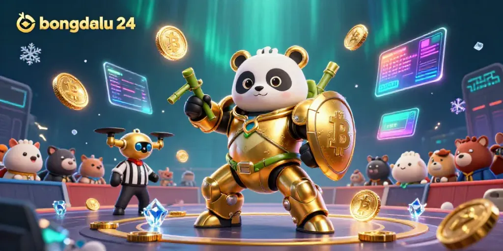 Experience the excitement of bongdalu 24 with a mech-suit panda battling in a vibrant arena.