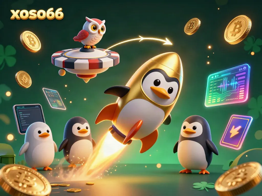 Experience xoso66's excitement with the golden penguin rocket and casino chip in this vibrant digital illustration.