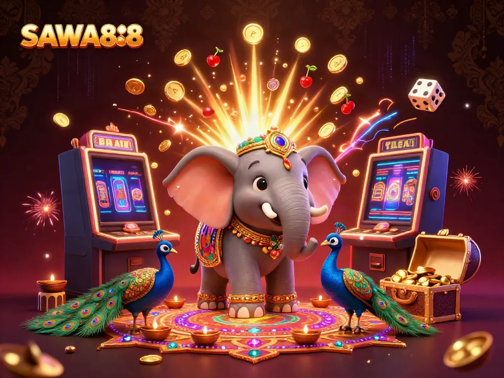 Experience excitement and fortune at SAWA888 with vibrant casino-themed illustration featuring a dynamic elephant.