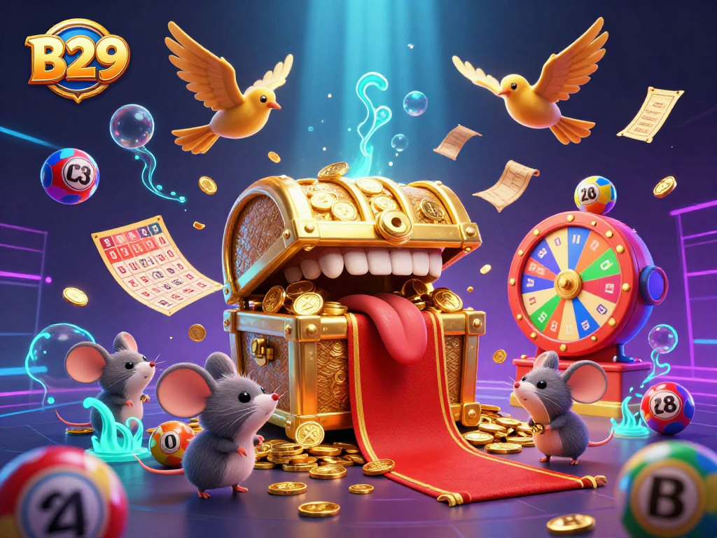 B29's dynamic scene showcases a treasure chest and games, enticing players with jackpots and excitement.