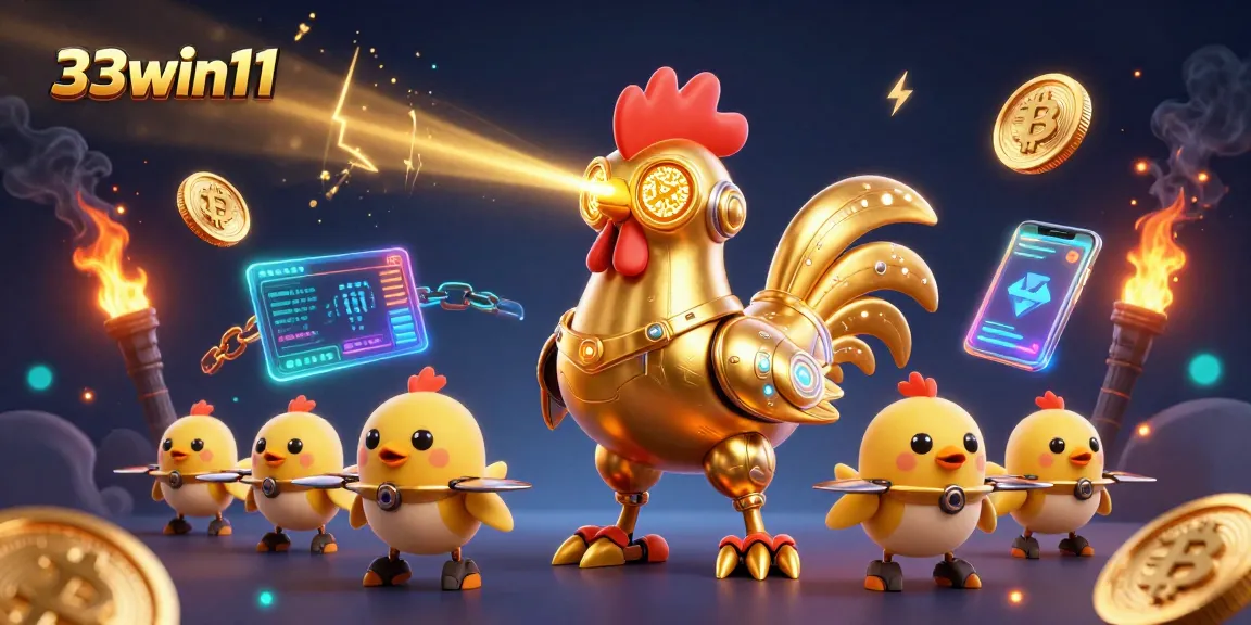 Engage in thrilling gameplay at 33win11 featuring a golden rooster robot and vibrant crypto elements.